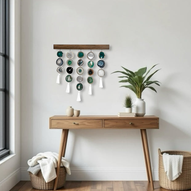 a wooden table with a potted plant on top of it