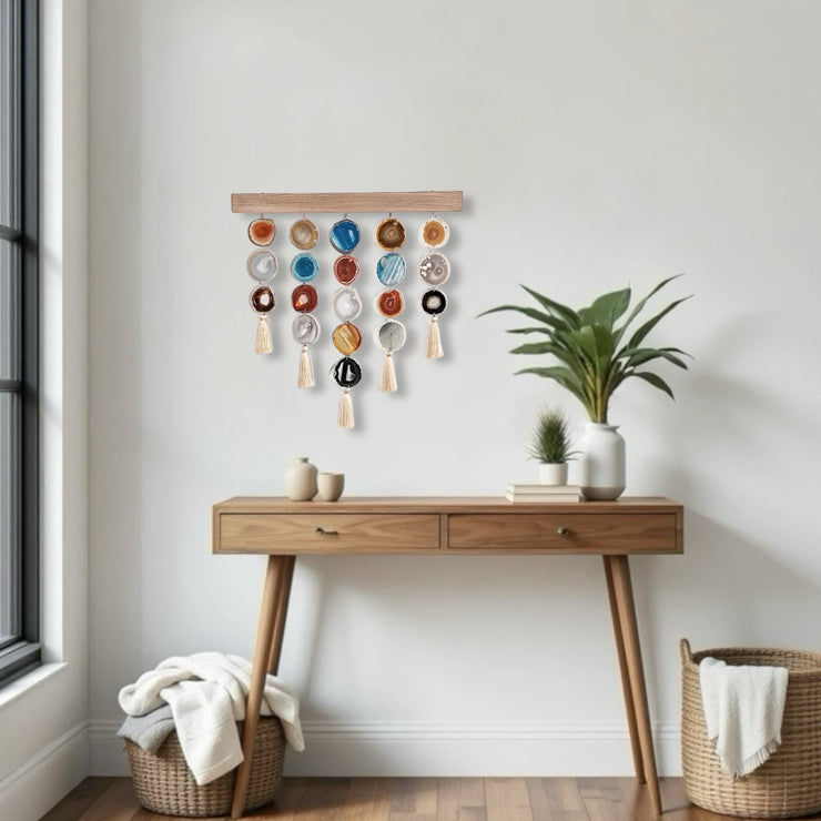 a wooden table with a potted plant on top of it
