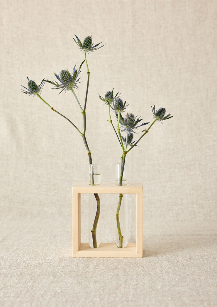 Wood Frame Flower Vase with Glass Tubes