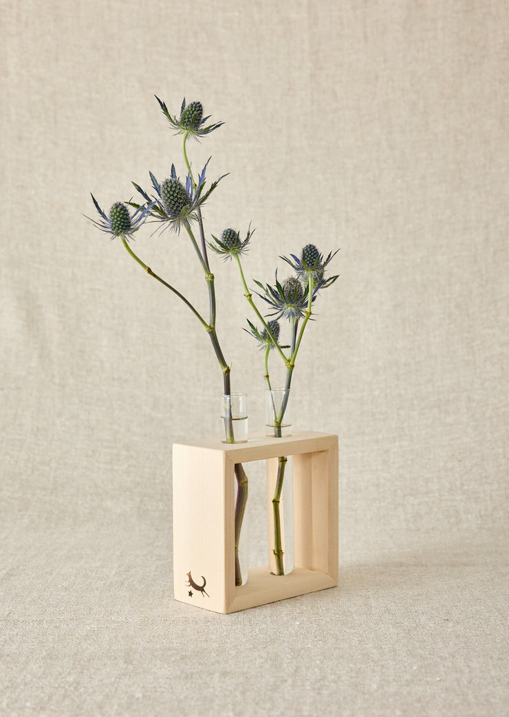 Wood Frame Flower Vase with Glass Tubes