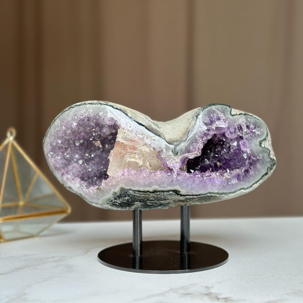 Rare Find Crystal Formations, Amethyst Geode with colorful microcrystals, calcite and quartz, piece with Stand for collectors