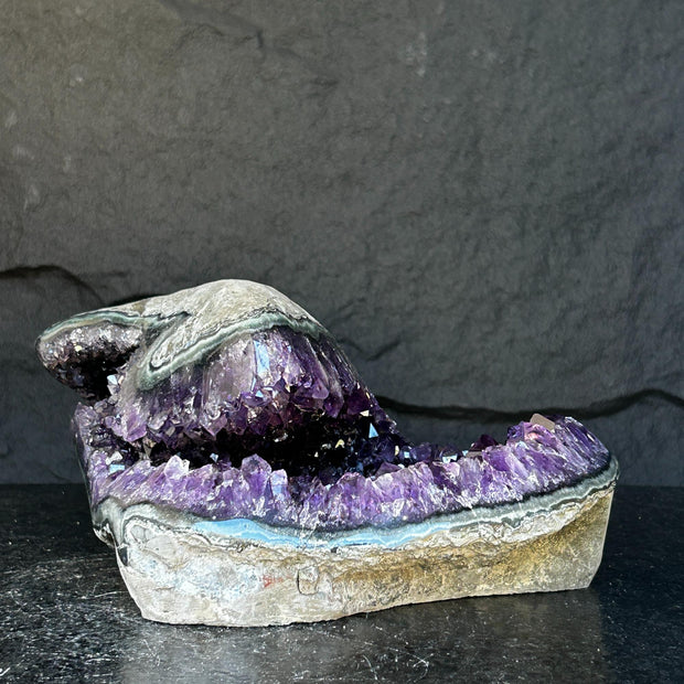 Amethyst with Shiny Crystals, Rare Geode in a strange shape with colorful agate layers, Unique find for collectors