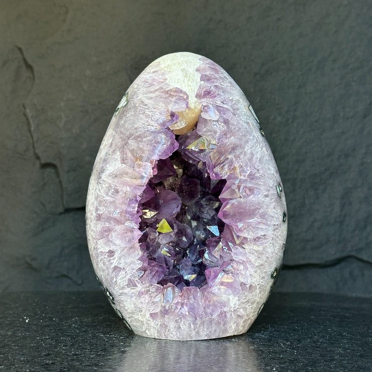 Amethyst Geode Crystal Egg with incredible Agate formations, Natural cave shaped polished agate stone