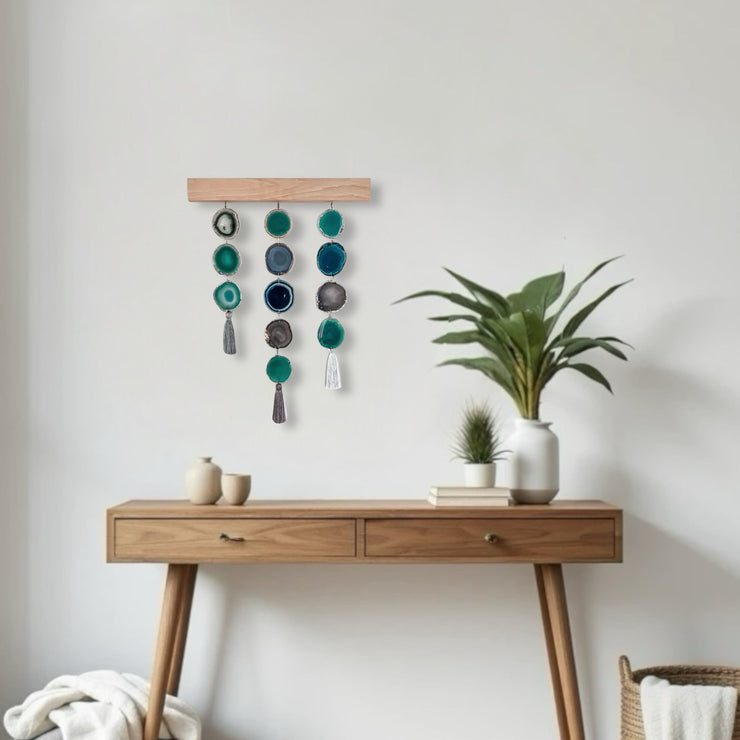 a wooden table topped with a potted plant