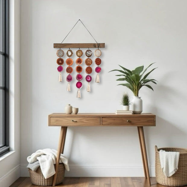 a wooden table with a potted plant on top of it