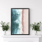 Ocean Aerial Print. Neutral Pink Beach, Blue Waves