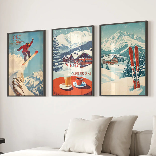 Ski Lodge Set of 3 Prints: Retro Snowboard, Après Ski Art