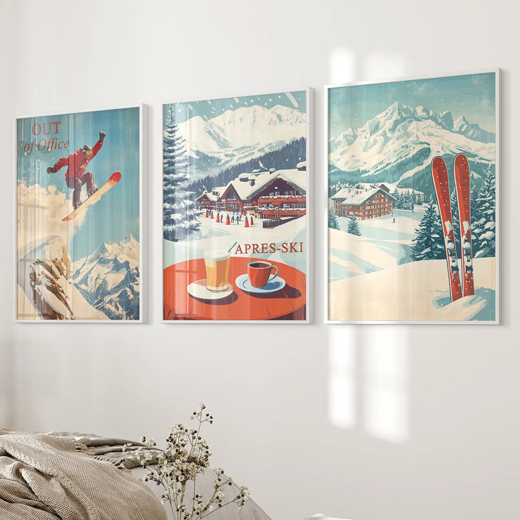Ski Lodge Set of 3 Prints: Retro Snowboard, Après Ski Art