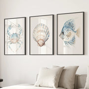 Watercolor Light Blue Nautical 3 Piece Art. Crab, Shell, Fish
