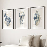 Beach House Wall Art Set. Blue Coral, Jellyfish, Shell