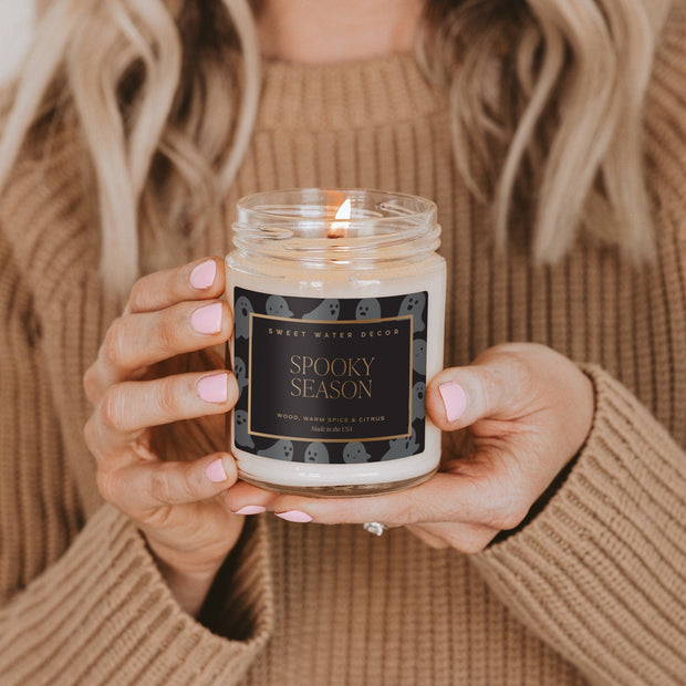 Spooky Season Soy Candle - Patterned 9 oz - Clear Jar (Cozy Season)