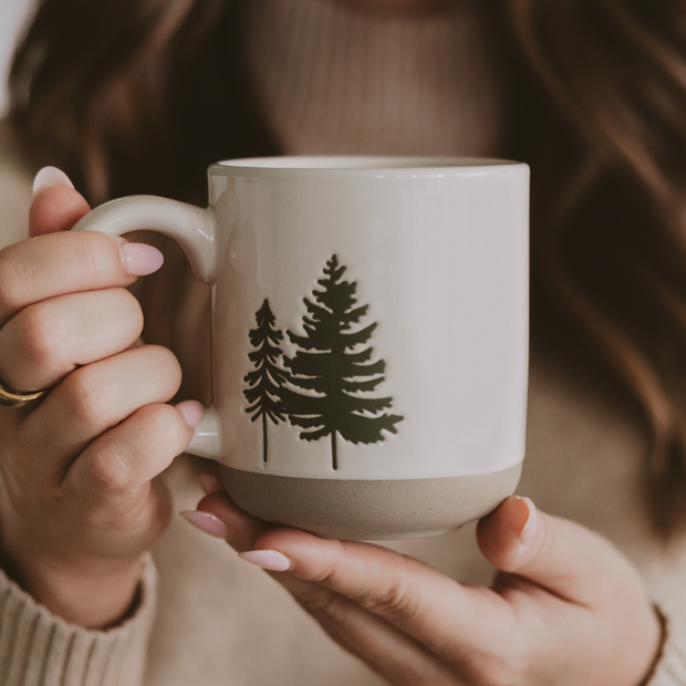 Green Trees 14oz. Cream Stoneware Coffee Mug