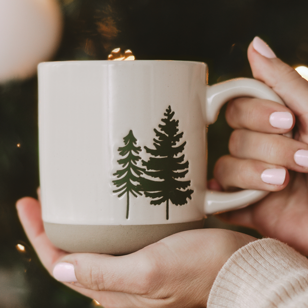Green Trees 14oz. Cream Stoneware Coffee Mug
