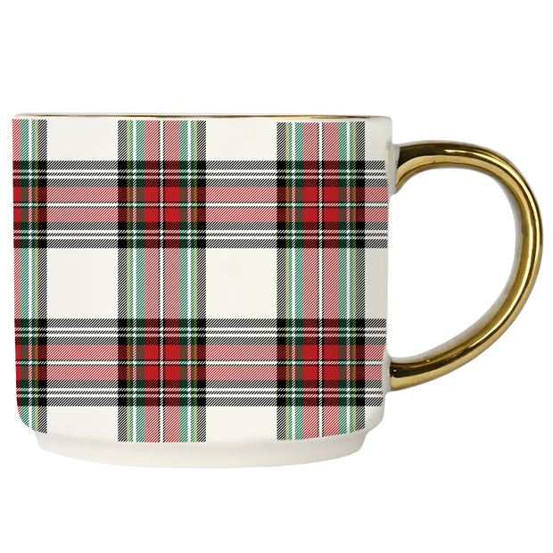 White Plaid 14oz. Gold Handle Coffee Mug