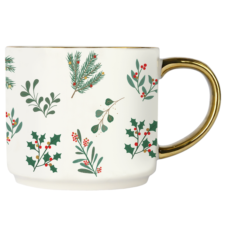 Holiday Greenery 14oz. Gold Handle Coffee Mug