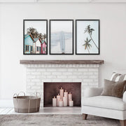 California Boho Wall Art. Surfboard, Palms, Beach, Cabins