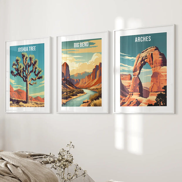 3 Piece USA National Park Art. Big Bend, Arches, Joshua Tree