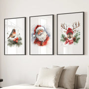 Christmas Print Set of 3: Santa, Reindeer, Holiday Wall Art