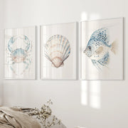 Watercolor Light Blue Nautical 3 Piece Art. Crab, Shell, Fish