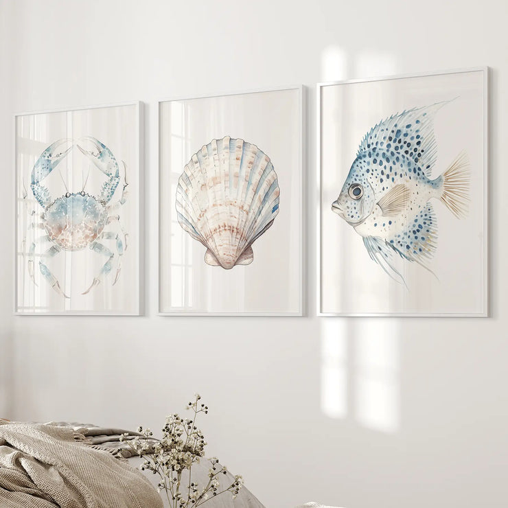 Watercolor Light Blue Nautical 3 Piece Art. Crab, Shell, Fish