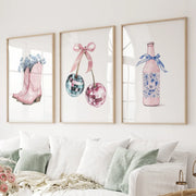 Cherries Disco Ball Preppy Pink Wall Art Prints