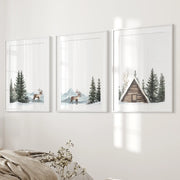 Rustic Cabin, Snowy Forest Prints. 3 Piece Winter Wall Art