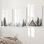 Rustic Cabin, Snowy Forest Prints. 3 Piece Winter Wall Art