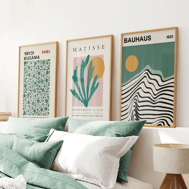 Sage Green Set of 3 Prints. Bauhaus, Kusama, Matisse Style