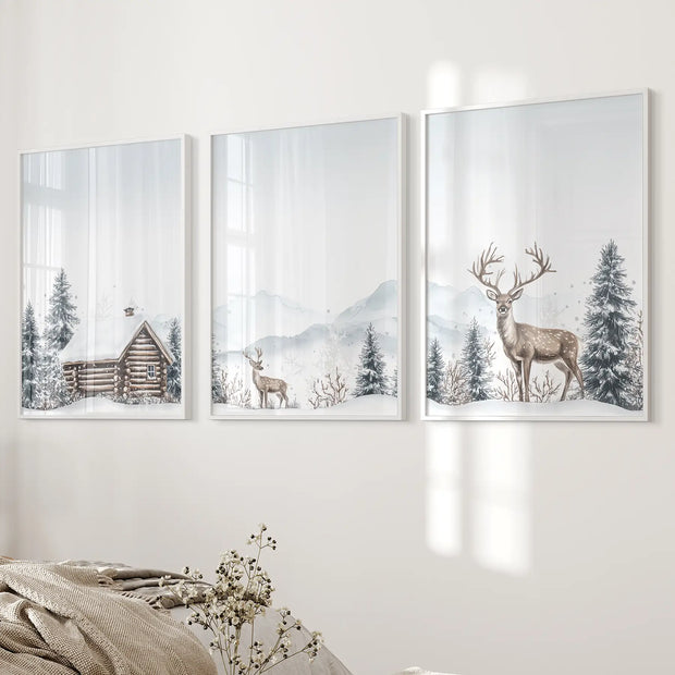Snowy Deer Wall Art Set of 3. Winter Woodland Prints