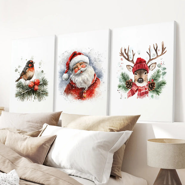 Christmas Print Set of 3: Santa, Reindeer, Holiday Wall Art
