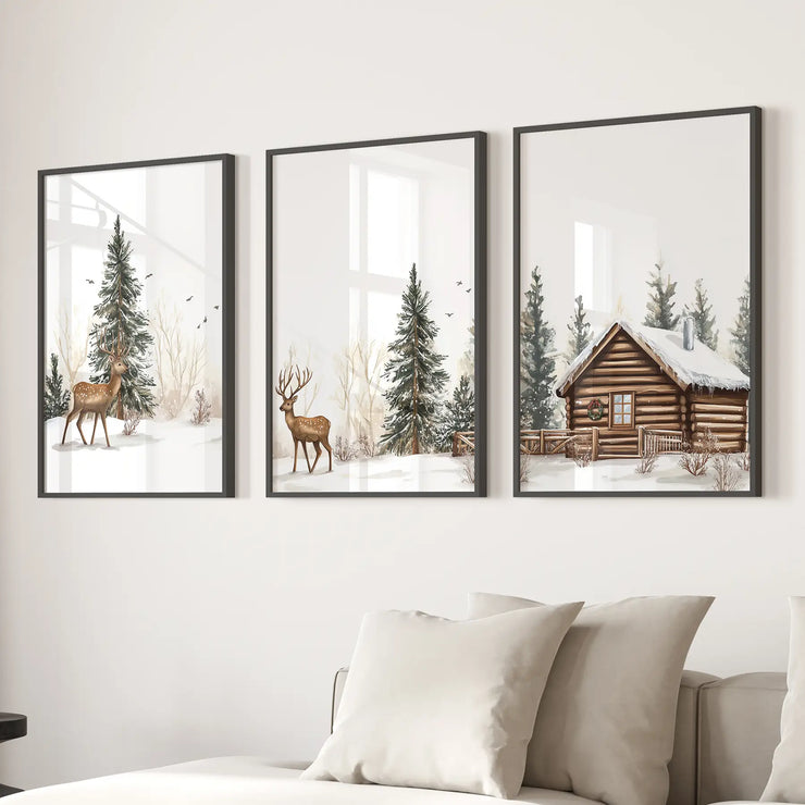 Deer and Cabin Winter 3 Piece Wall Art. Rustic Nordic Prints