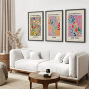 Boho Flower Market Set of 3 Posters. New York, London, Rome