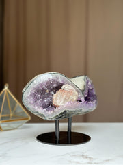 Rare Find Crystal Formations, Amethyst Geode with colorful microcrystals, calcite and quartz, piece with Stand for collectors