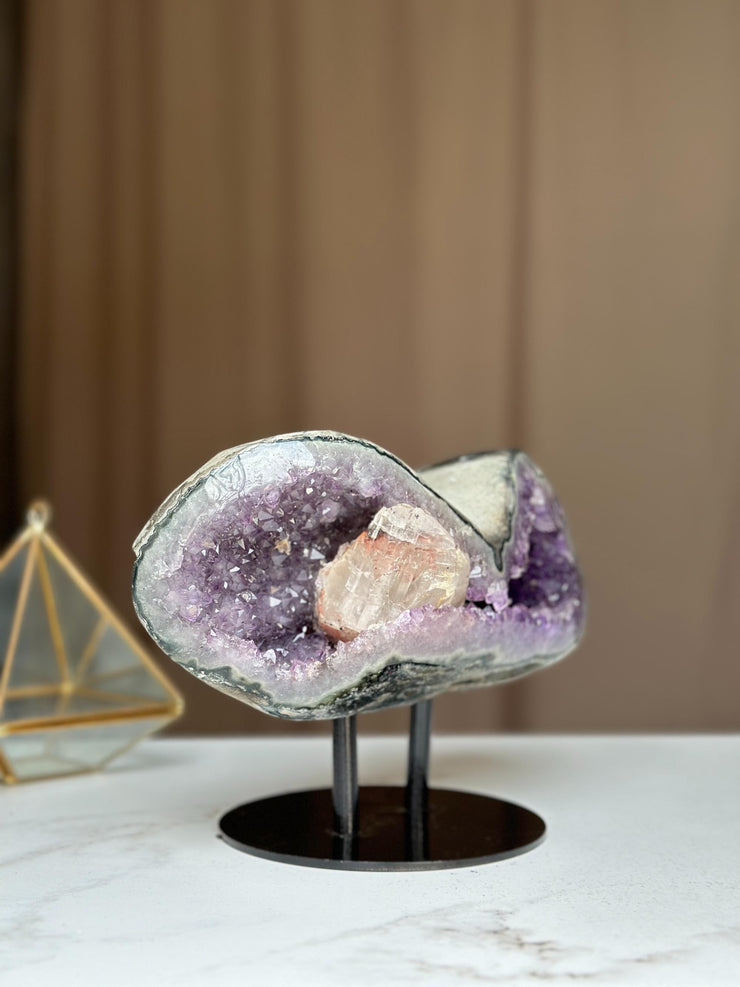 Rare Find Crystal Formations, Amethyst Geode with colorful microcrystals, calcite and quartz, piece with Stand for collectors