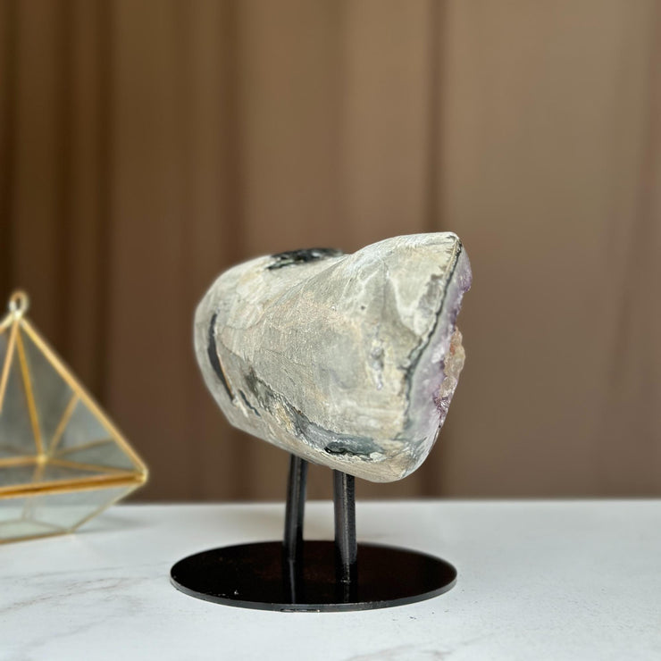 Rare Find Crystal Formations, Amethyst Geode with colorful microcrystals, calcite and quartz, piece with Stand for collectors