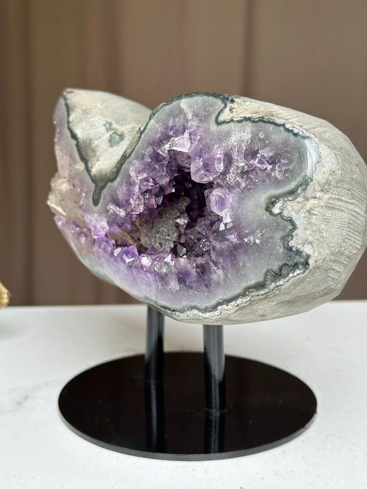 Rare Find Crystal Formations, Amethyst Geode with colorful microcrystals, calcite and quartz, piece with Stand for collectors