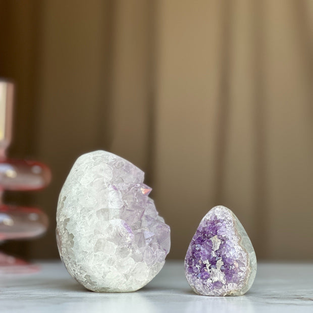 Clear Quartz Crystal Egg, Amethyst and quartz pieces, Natural cave shaped polished  stones, white quartz geode