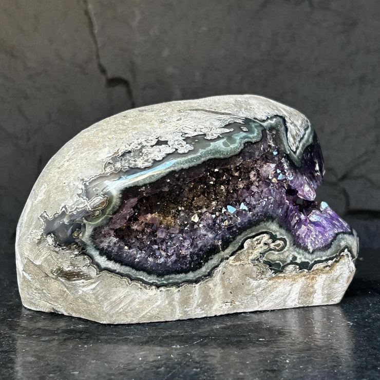 Amethyst with Shiny Crystals, Rare Geode in a strange shape with colorful agate layers, Unique find for collectors
