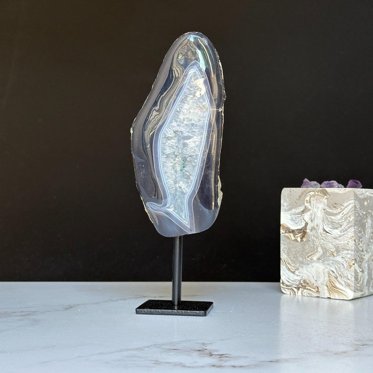 Natural Black Agate Display with Metal Base