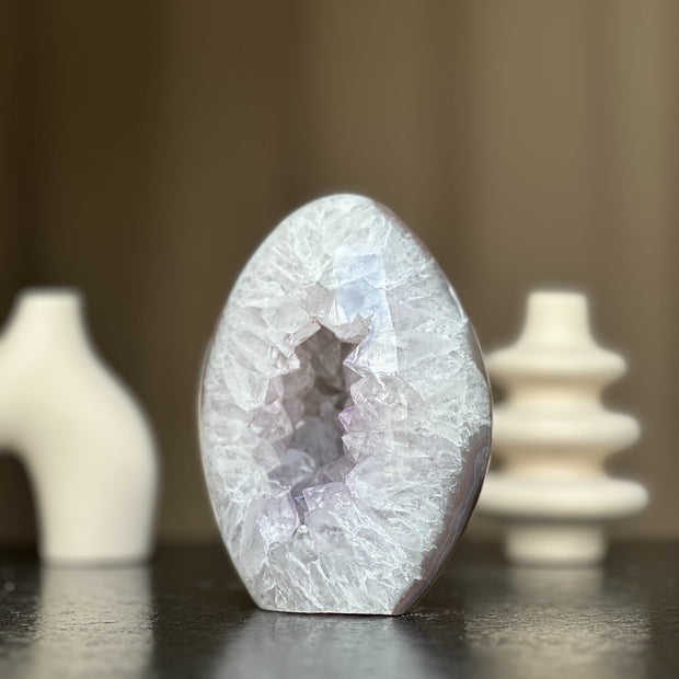 Quarzt Crystal Egg, Natural color crystal, decorative collectors unique piece with agate