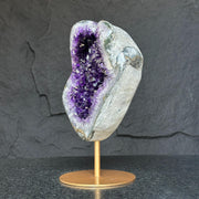 Large Amethyst Geode Crystal, Deep Purple Amethyst on modern gold stand