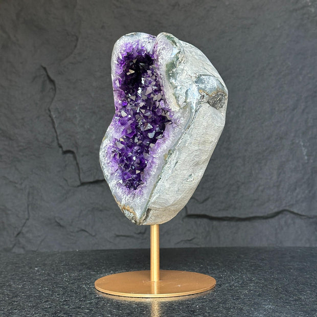 Large Amethyst Geode Crystal, Deep Purple Amethyst on modern gold stand