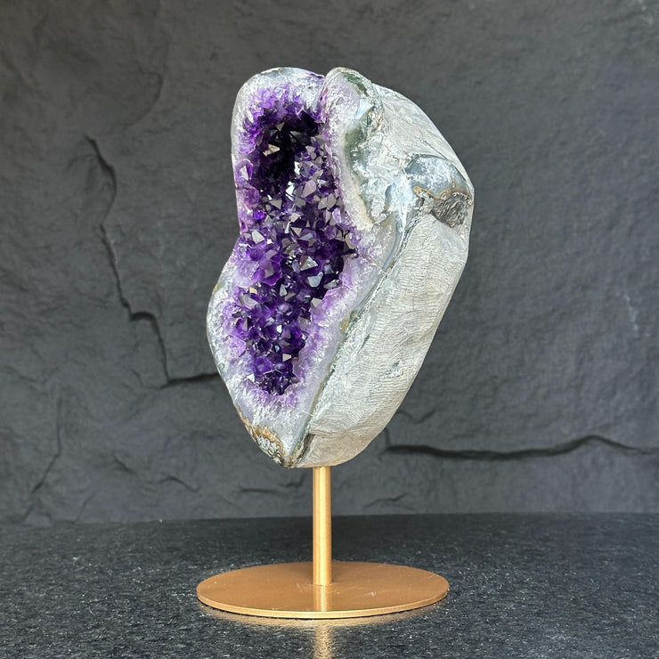 Large Amethyst Geode Crystal, Deep Purple Amethyst on modern gold stand