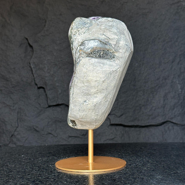 Large Amethyst Geode Crystal, Deep Purple Amethyst on modern gold stand