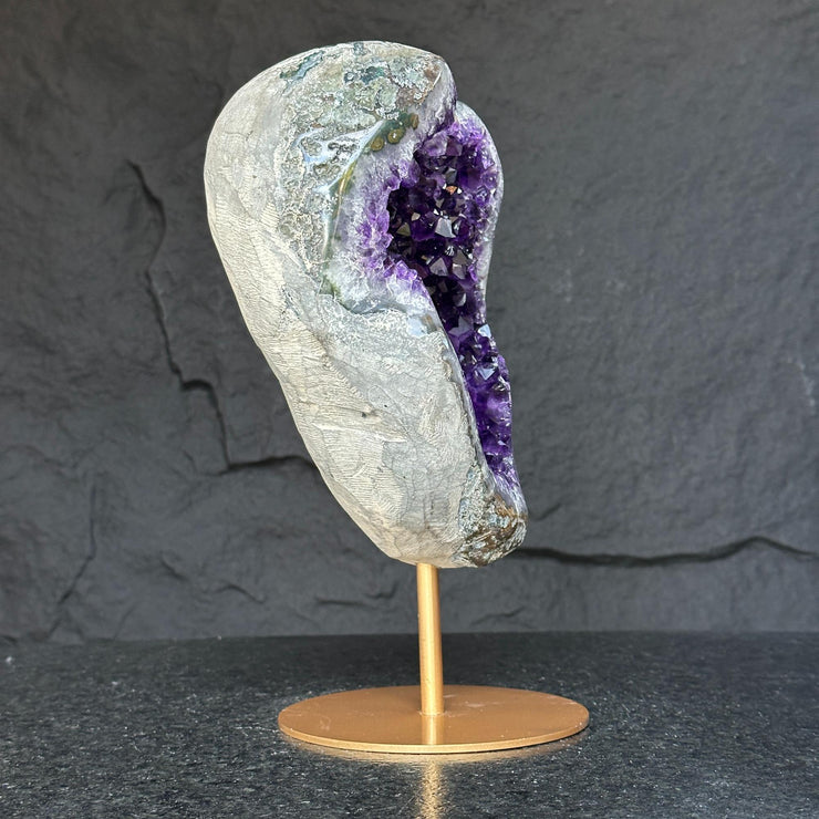 Large Amethyst Geode Crystal, Deep Purple Amethyst on modern gold stand