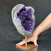 Large Amethyst Geode Crystal, Deep Purple Amethyst on modern gold stand
