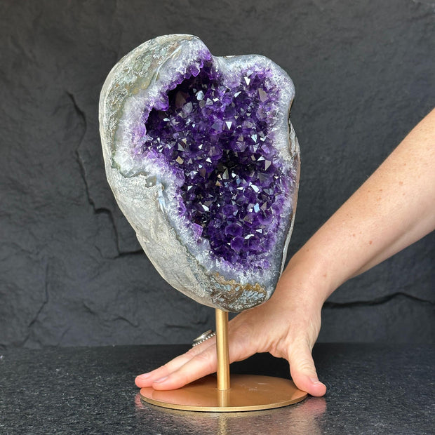 Large Amethyst Geode Crystal, Deep Purple Amethyst on modern gold stand