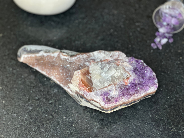 Amethsyt centerpiece, Unique shaped geode for tabletop decor, natural crystal stone with agate formations