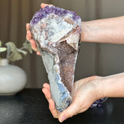 Amethsyt centerpiece, Unique shaped geode for tabletop decor, natural crystal stone with agate formations