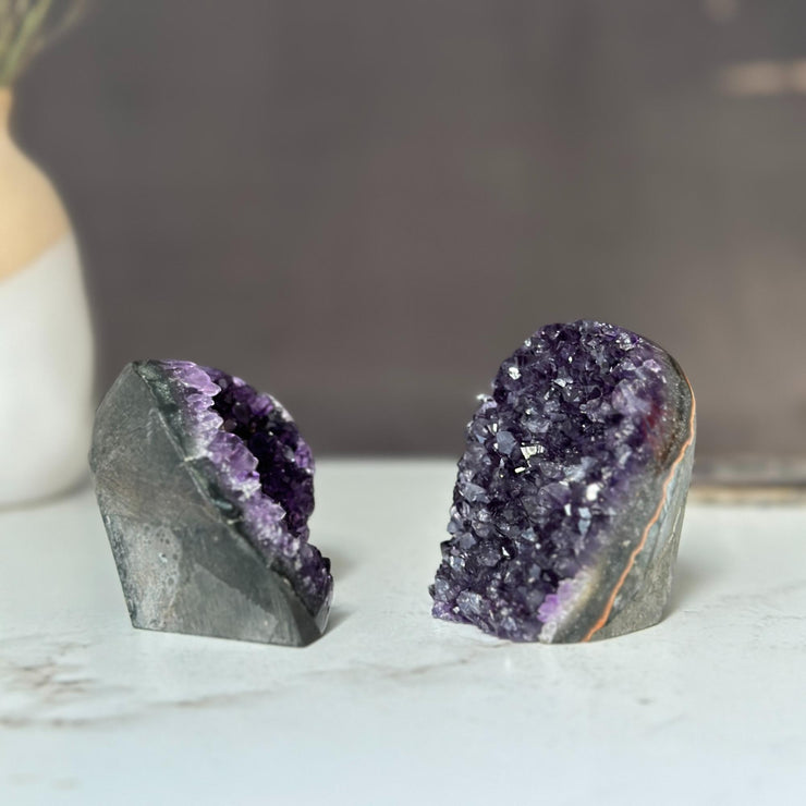Amethyst geodes set (2 stones) crystal clusters (1.4 Lb full weight)